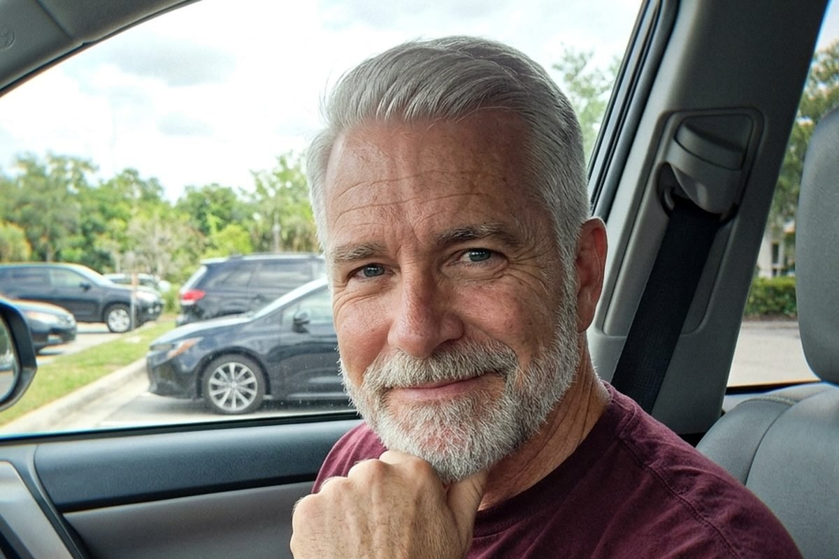 Homem de cabelo grisalho sorrindo, foto casual